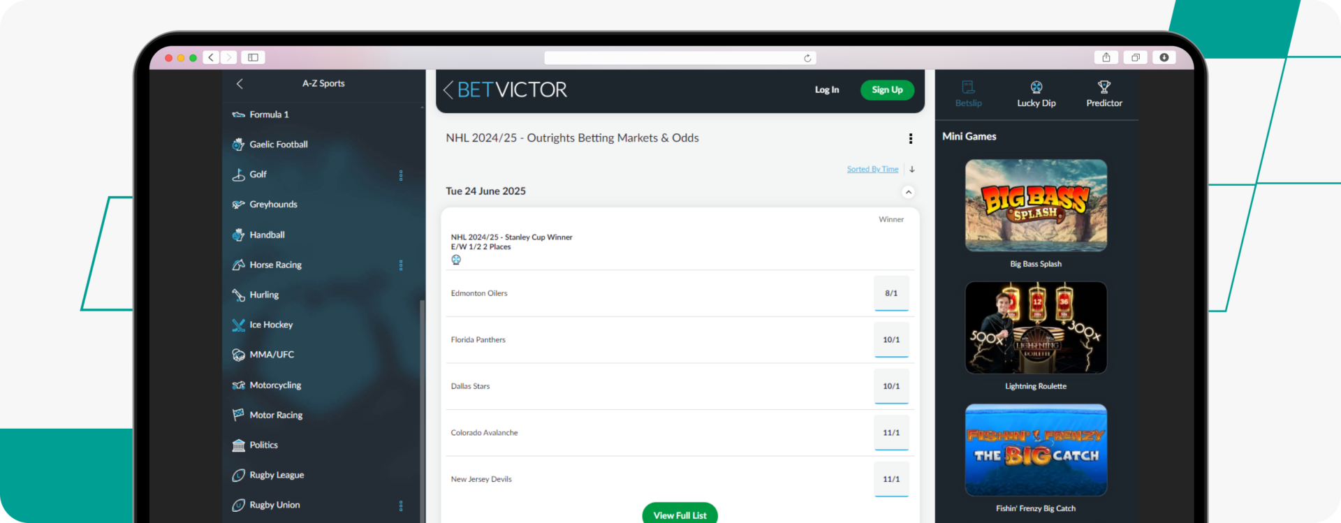 betvictor NHL screenshot desktop