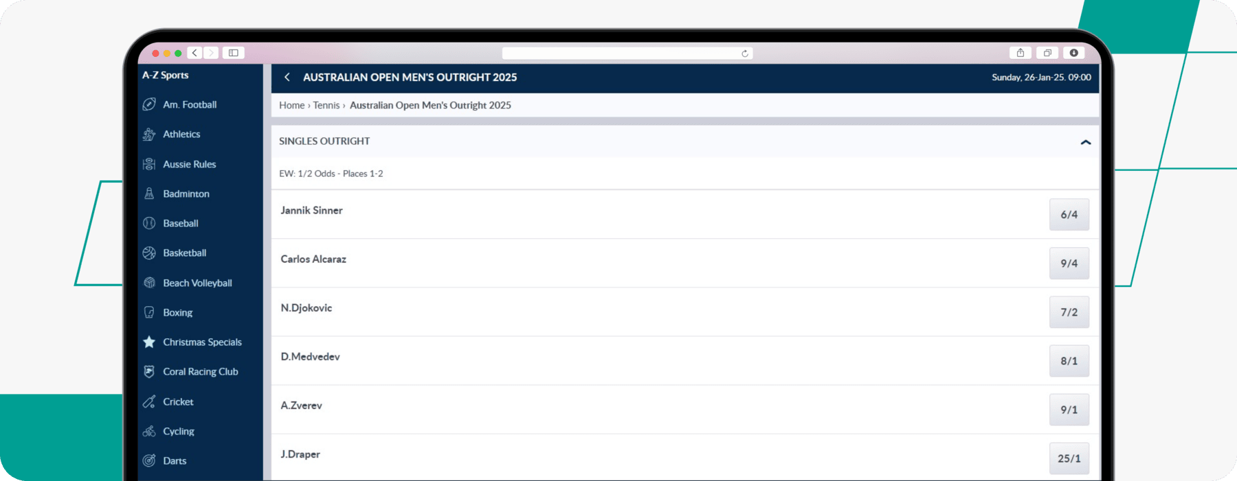 Australian Open odds on Coral