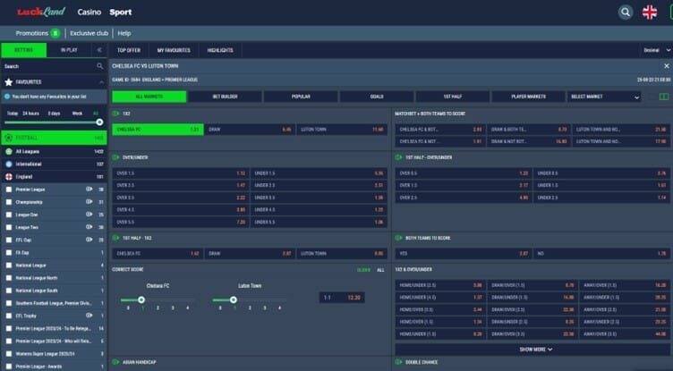 LuckLand prematch betting screenshot