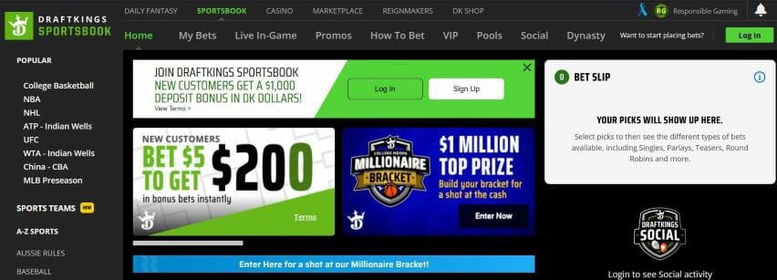 DraftKings Home Page Screenshot