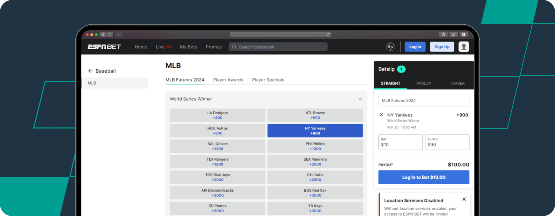 espn bet mlb betting page screenshot