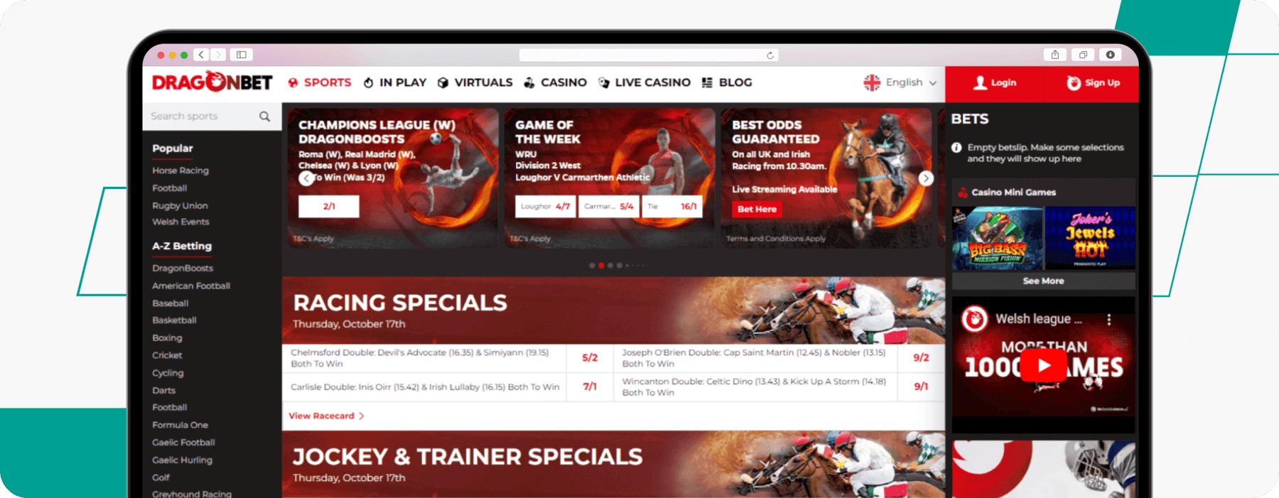 screenshot of dragonbet homepage